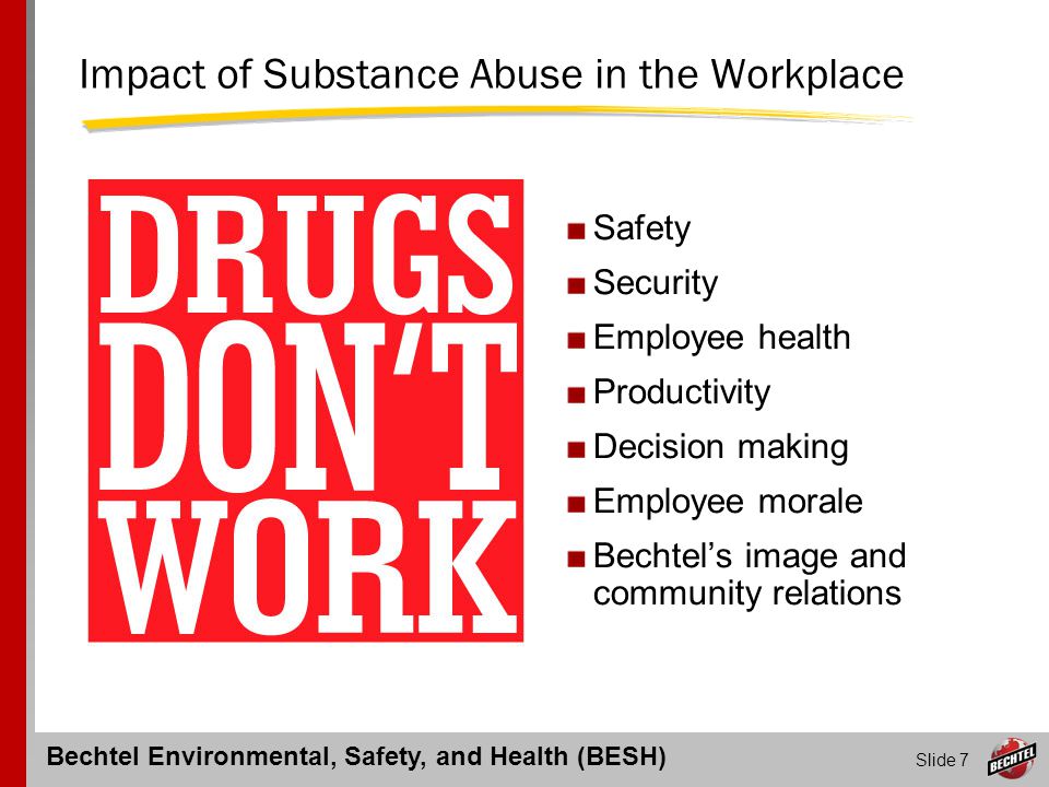 The affect of drug abuse on absenteeism accidents downtime turnover theft morale and productivity